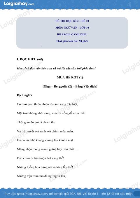 Đề thi học kì 2 Văn 10 Cánh diều - Đề số 10